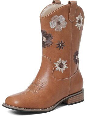 Girls Brown Mid Calf Chunky Low Heel  Floral Embroidered Square Toe Boot Shoes
